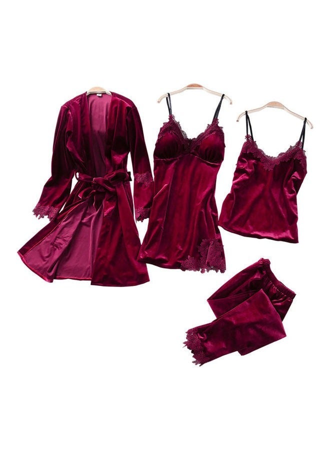 NIBEMINENT 4-Piece Solid Sleepwear Pyjama Set Wine Red  - Image 1