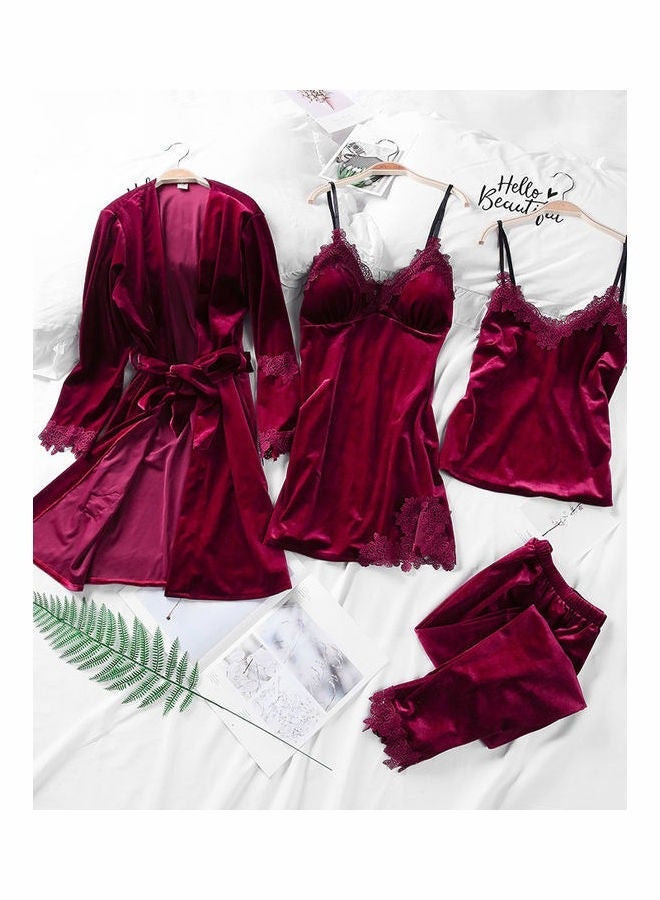 NIBEMINENT 4-Piece Solid Sleepwear Pyjama Set Wine Red  - Image 2