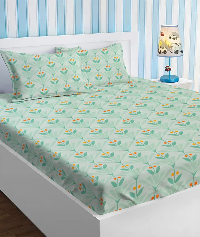 BSB Home Style Cotton Feel Glace Cotton Elastic Fitted Printed King Size Double Bed Bedsheet with 2 Pillow Cover (78"X72", Small Leaf Printed- Pastel Green), 180 Tc - Image 4