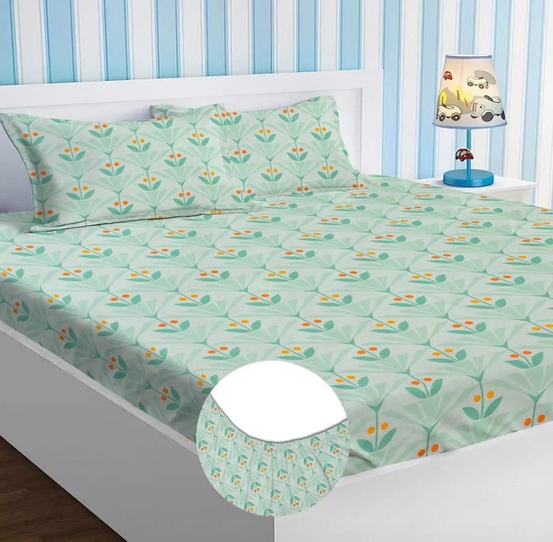 BSB Home Style Cotton Feel Glace Cotton Elastic Fitted Printed King Size Double Bed Bedsheet with 2 Pillow Cover (78"X72", Small Leaf Printed- Pastel Green), 180 Tc - Image 1