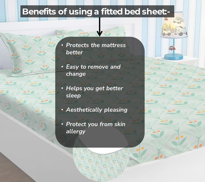 BSB Home Style Cotton Feel Glace Cotton Elastic Fitted Printed King Size Double Bed Bedsheet with 2 Pillow Cover (78"X72", Small Leaf Printed- Pastel Green), 180 Tc - Image 2