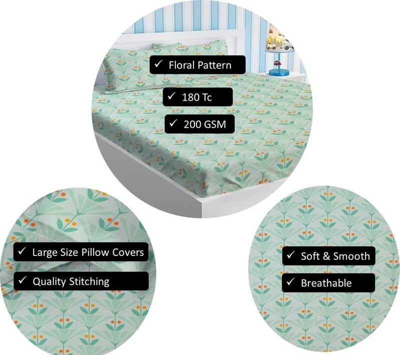 BSB Home Style Cotton Feel Glace Cotton Elastic Fitted Printed King Size Double Bed Bedsheet with 2 Pillow Cover (78"X72", Small Leaf Printed- Pastel Green), 180 Tc - Image 3