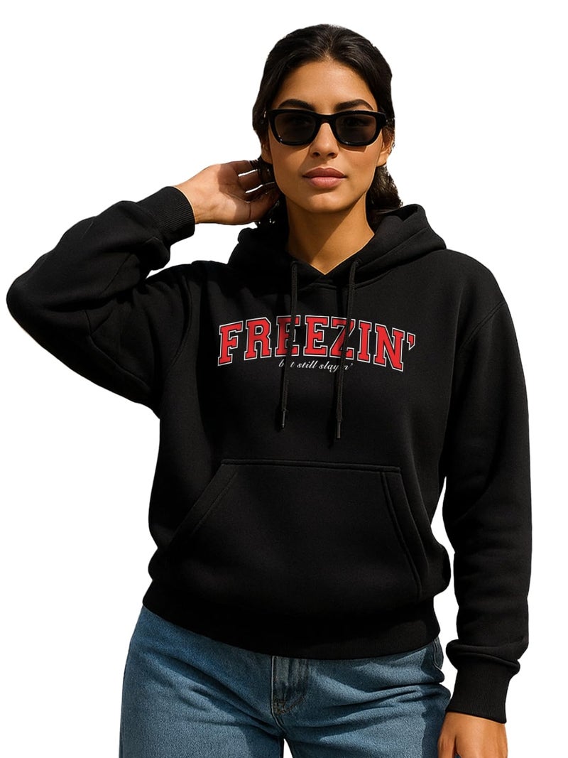 JUNEBERRY® Polycotton Spun Regular Fit Hooded Sweatshirt Full Sleeves Front Chest Graphic Placement Printed Jumper Hoodie for Women | JB_W02_SP_FRZ_BK_XXL Black - Image 1