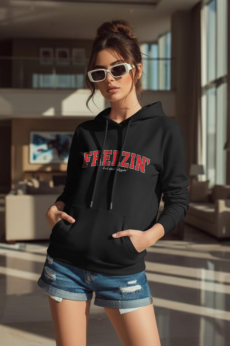 JUNEBERRY® Polycotton Spun Regular Fit Hooded Sweatshirt Full Sleeves Front Chest Graphic Placement Printed Jumper Hoodie for Women | JB_W02_SP_FRZ_BK_XXL Black - Image 2