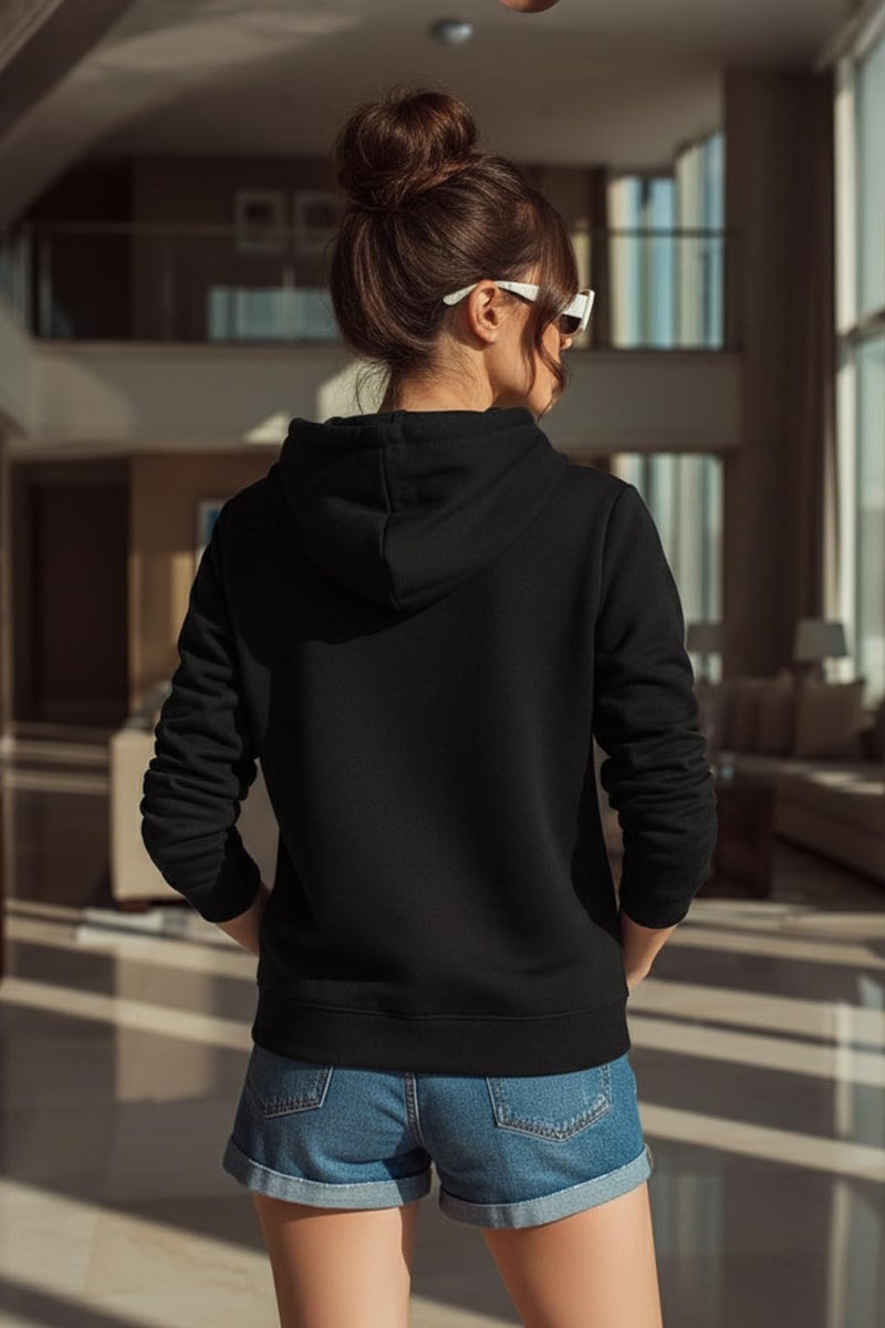 JUNEBERRY® Polycotton Spun Regular Fit Hooded Sweatshirt Full Sleeves Front Chest Graphic Placement Printed Jumper Hoodie for Women | JB_W02_SP_FRZ_BK_XXL Black - Image 3