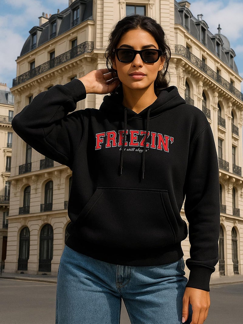 JUNEBERRY® Polycotton Spun Regular Fit Hooded Sweatshirt Full Sleeves Front Chest Graphic Placement Printed Jumper Hoodie for Women | JB_W02_SP_FRZ_BK_XXL Black - Image 5
