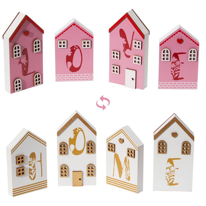 DN DECONATION Valentine & Home Love Wooden Blocks for Tiered Tray Table Wedding Gift Farmhouse Decor, Reversible House Decor Pink Gold Signs for Valentine's Day Centerpiece - Image 1