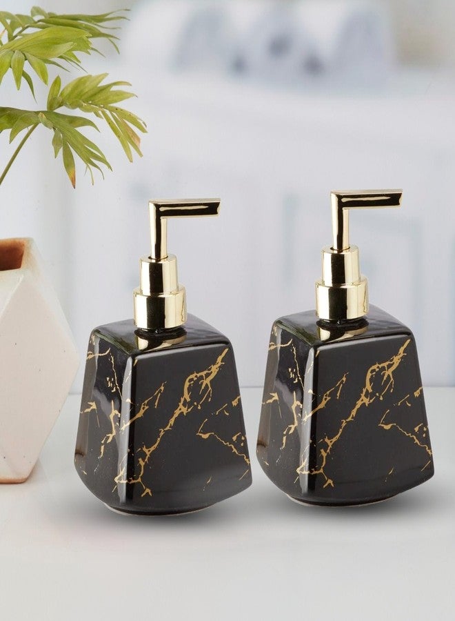 Kookee Ceramic Soap Dispenser with Pump for Kitchen, Bathroom, & Wash Basin, Designer Refillable for Liquid Handwash, Shampoo & Lotion, Leakproof, Set of 2, Black/Gold (10896)