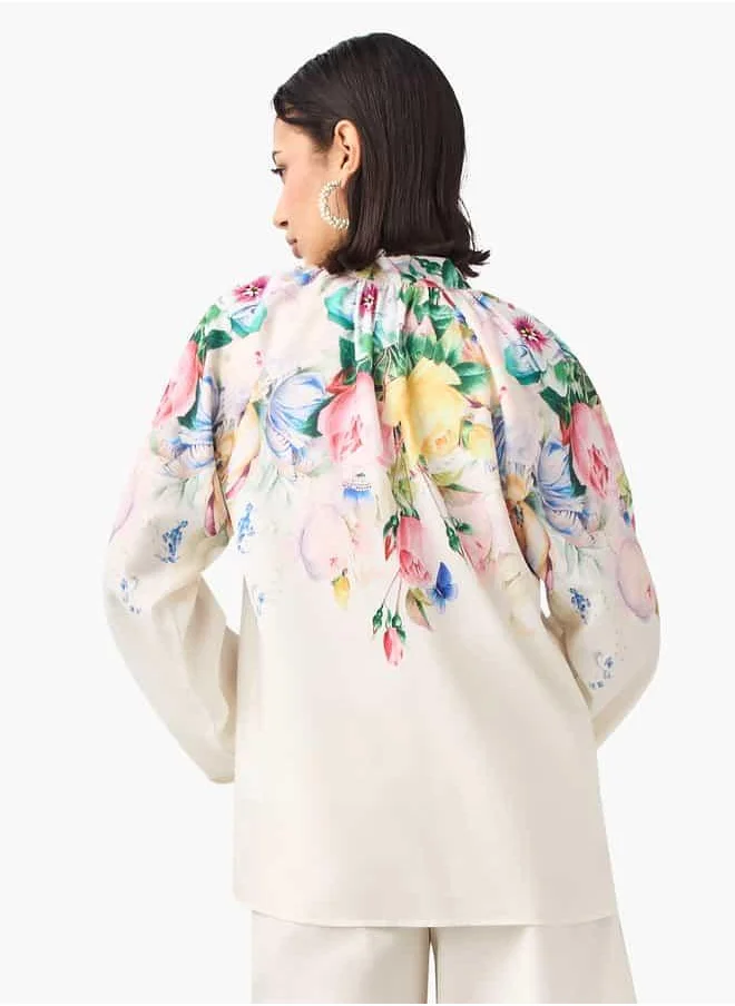 2Xtremz 2Xtremz Floral Print Top with Mandarin Collar and Volume Sleeves