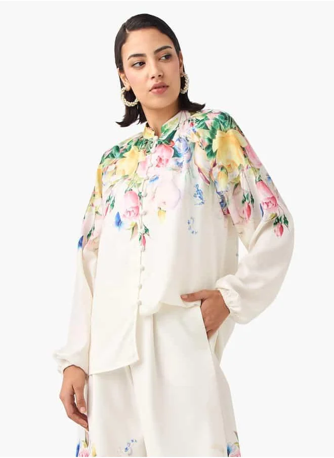 تواكستريمز 2Xtremz Floral Print Top with Mandarin Collar and Volume Sleeves