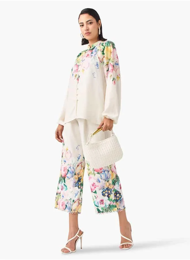 تواكستريمز 2Xtremz Floral Print Top with Mandarin Collar and Volume Sleeves