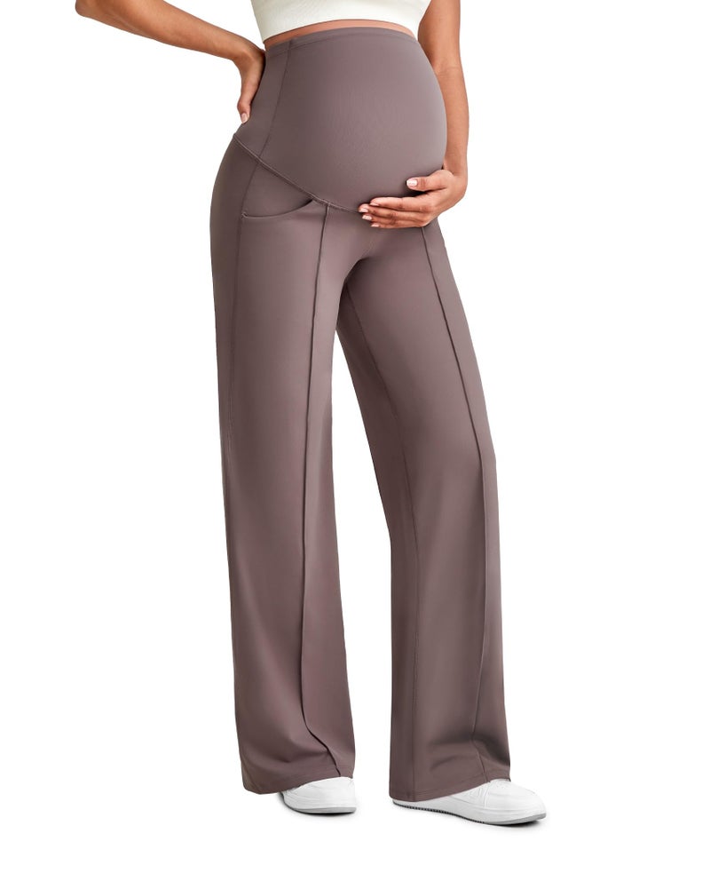 G4Free Maternity Pants with Pockets Yoga Wide Leg Pregnancy Clothes Over The Belly Stretchy Dress Work Slacks Activewear (Taupe,L,Tall) - Image 1