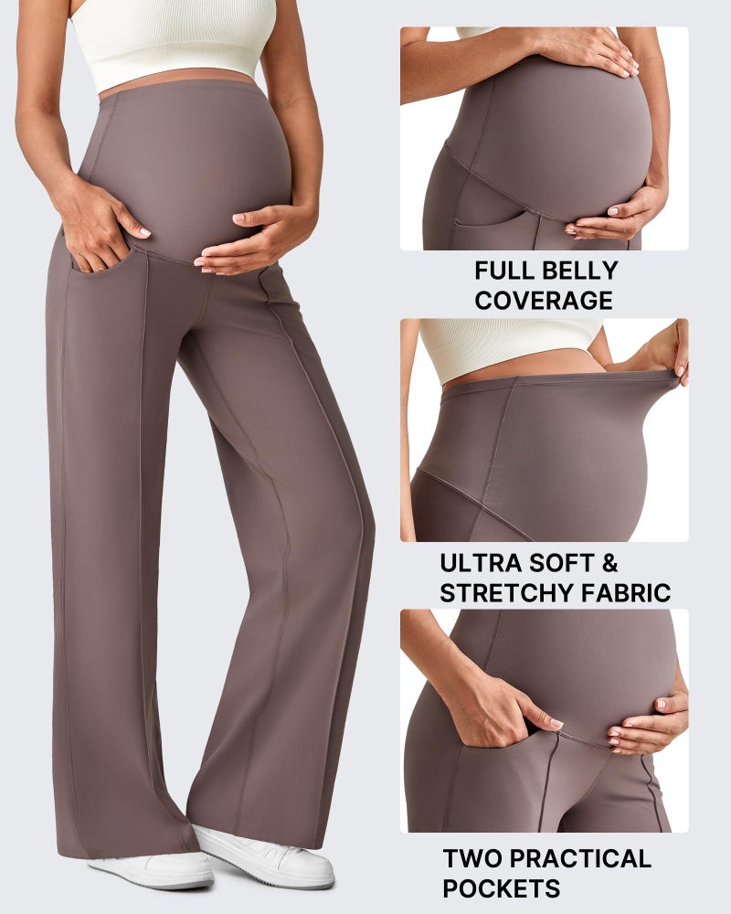 G4Free Maternity Pants with Pockets Yoga Wide Leg Pregnancy Clothes Over The Belly Stretchy Dress Work Slacks Activewear (Taupe,L,Tall) - Image 4