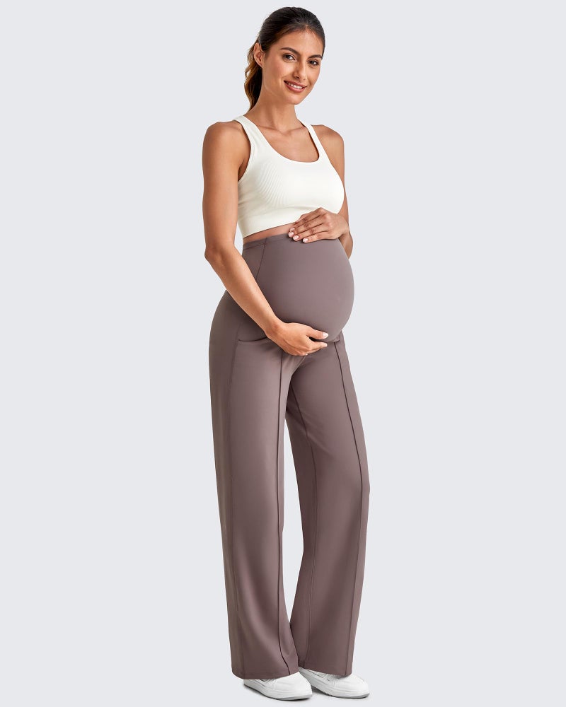 G4Free Maternity Pants with Pockets Yoga Wide Leg Pregnancy Clothes Over The Belly Stretchy Dress Work Slacks Activewear (Taupe,L,Tall) - Image 5