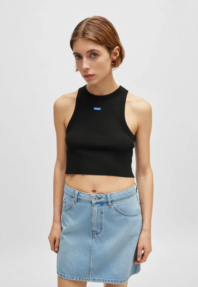 HUGO Black Cropped stretch-cotton tank top with blue logo label for Women | Best Price UAE