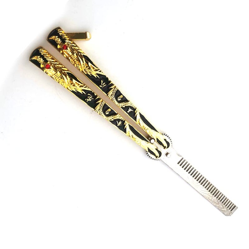 WANLIAN Dragon Beautiful CombBeautiful Comb Stainless Steel Folding Practice Combs Hair Styling Tools for Sport Outdoor Use Black gold dragon