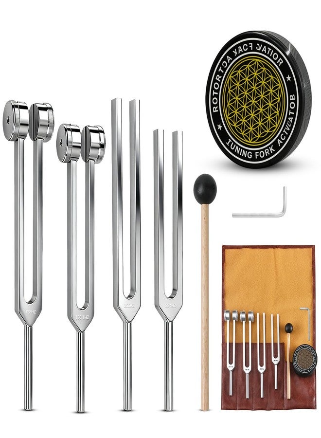 GRKZBKW Tuning Forks for Healing Set (128Hz, 136.1Hz, 256Hz, 384Hz) with Activator & Wooden Mallet, Chakra Healing, Sound Therapy, Reiki, Yoga, Energy Balancing Tools - Image 1