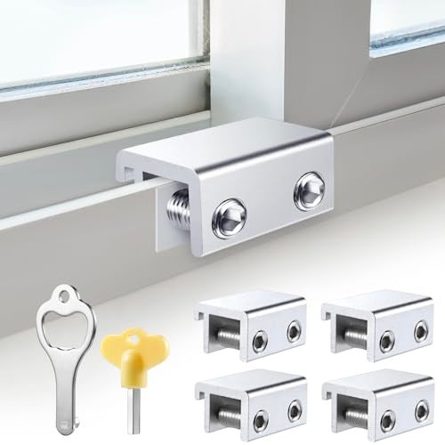 STERGDE Sliding Window Locks (4 Sets), Security Window Locks with Keys, Adjustable Aluminum Sliding Window Stops, Easy Installation Without Drilling, for Vertical and Horizontal Sliding Windows (Silver) - Image 1