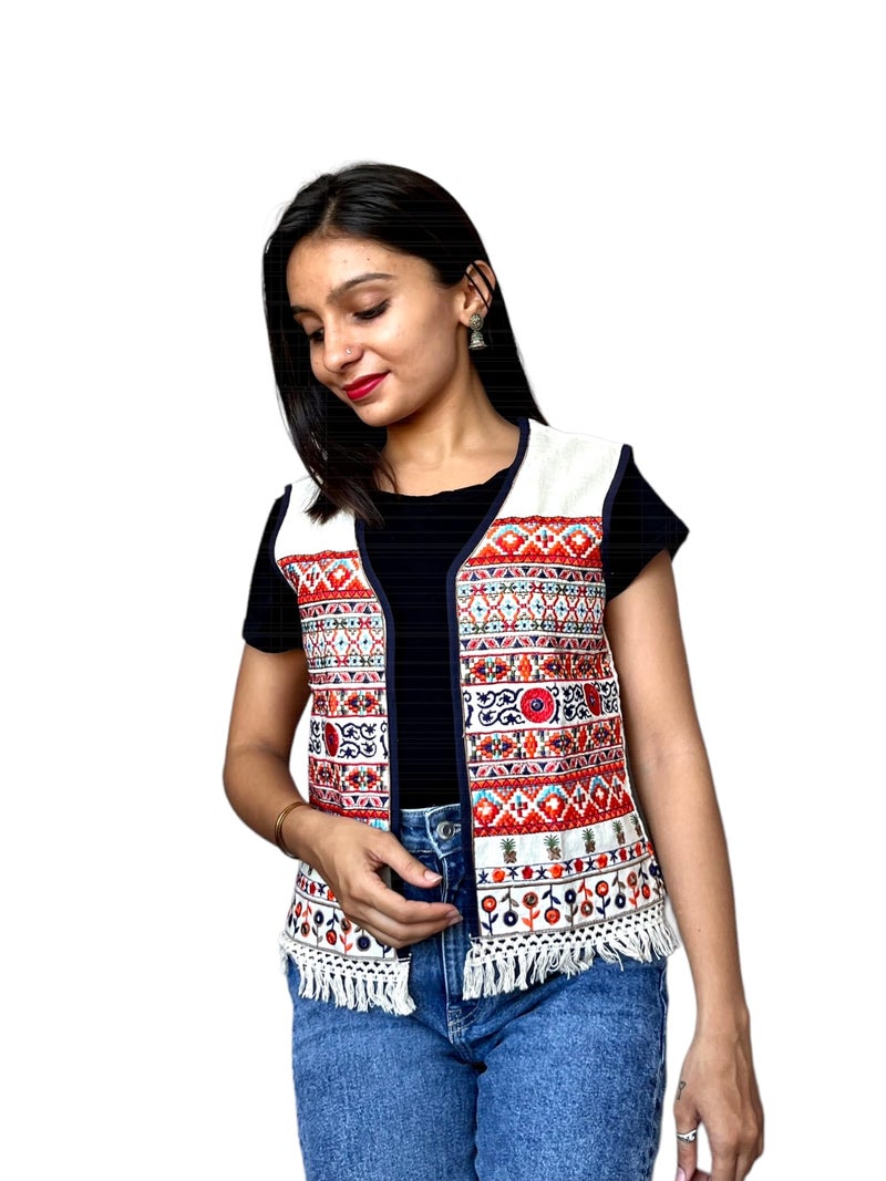 Prijam Women's Embroiderd Ethnic Waist Length Shrugor Jacket Rl 38 S And Special Embroidered Cotton Koti/Jacket/Waist Coat For Women - Image 1
