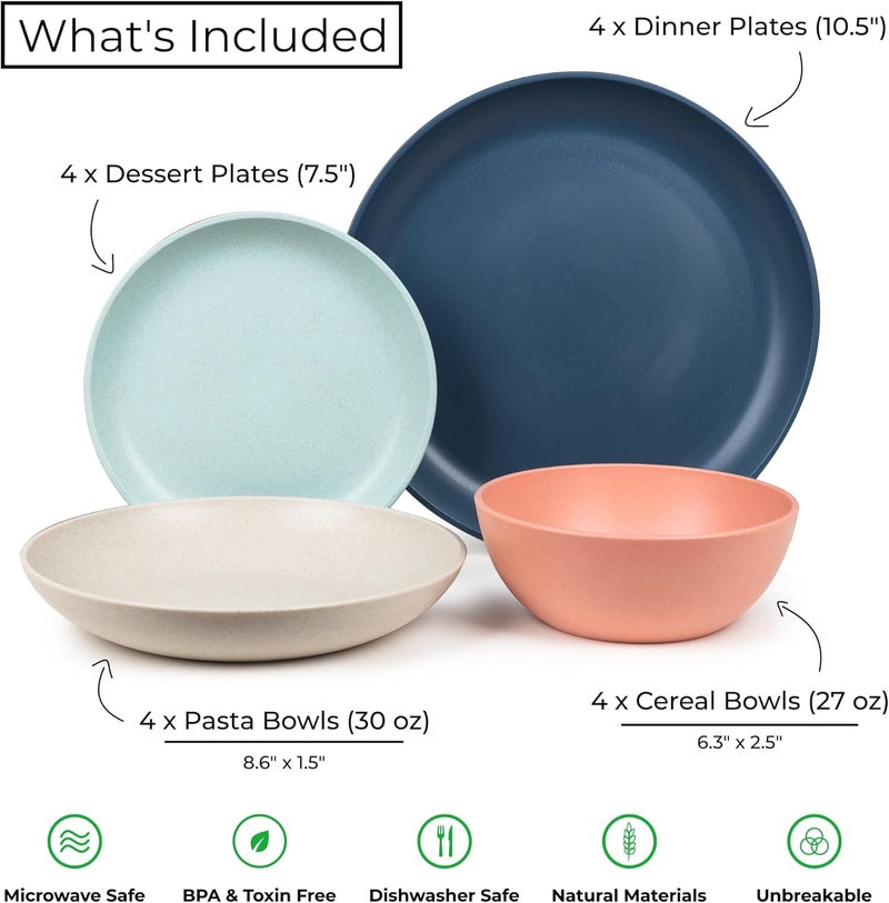 Grow Forward 16piece Premium Wheat Straw Dinnerware Sets for 4  Unbreakable Dishwasher  Microwave Safe Plastic Plates and Bowls Sets  Patio Outdoors RV Camping Dishes  Tropical - Image 3