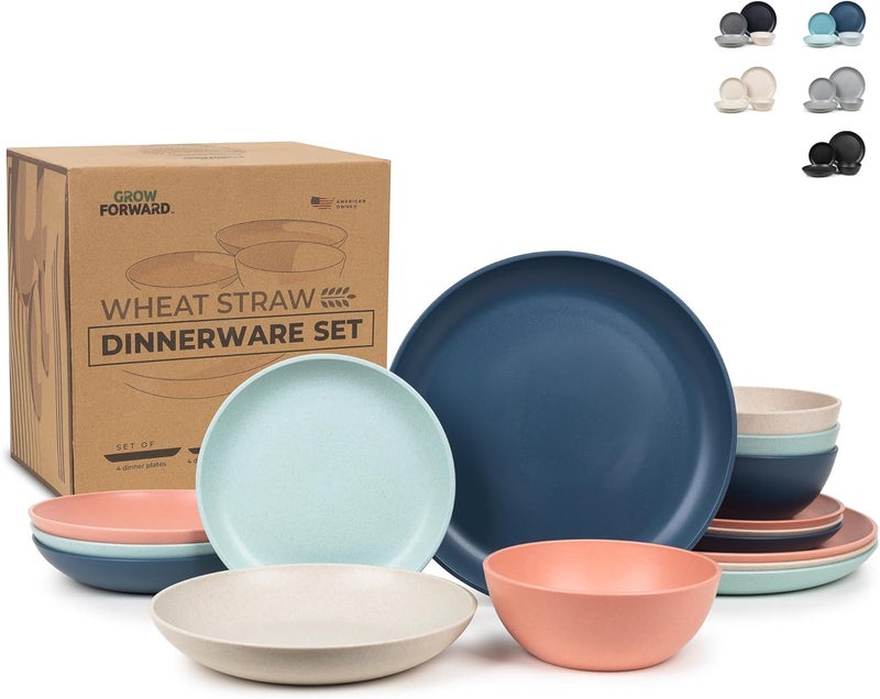 Grow Forward 16piece Premium Wheat Straw Dinnerware Sets for 4  Unbreakable Dishwasher  Microwave Safe Plastic Plates and Bowls Sets  Patio Outdoors RV Camping Dishes  Tropical - Image 1