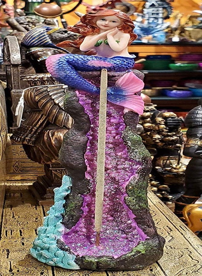 Ebros Gift Beautiful Ocean Mermaid Ariel Sitting On A Purple Quartz Crystal Quarry Coral Reef Pillar Tower Incense Burner Sculpture Nautical Mermaids Fantasy Figurine - Image 4
