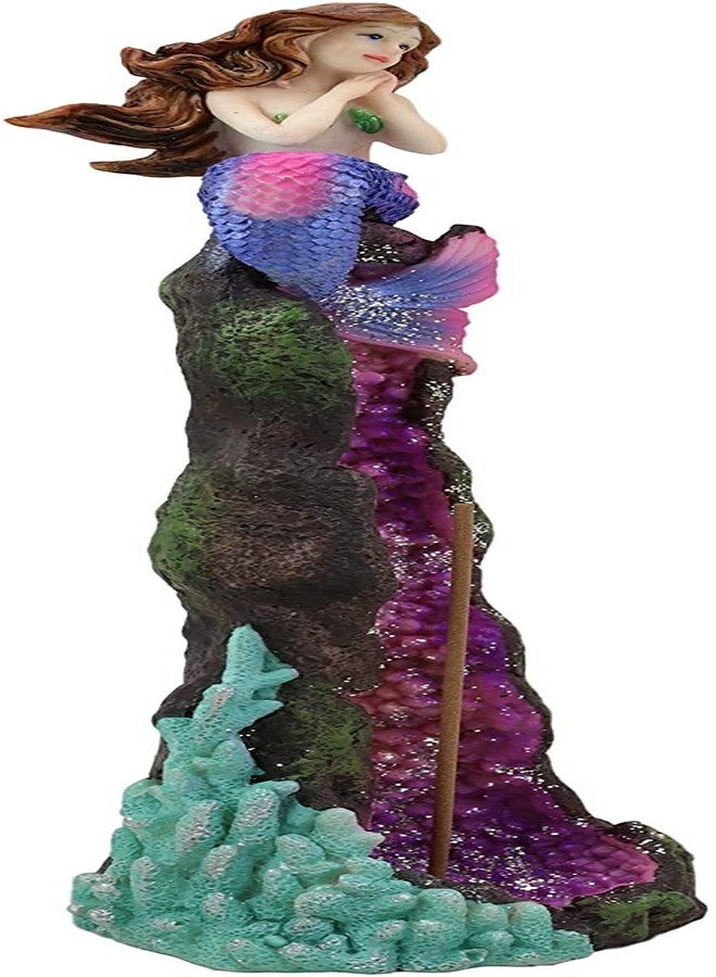 Ebros Gift Beautiful Ocean Mermaid Ariel Sitting On A Purple Quartz Crystal Quarry Coral Reef Pillar Tower Incense Burner Sculpture Nautical Mermaids Fantasy Figurine - Image 2