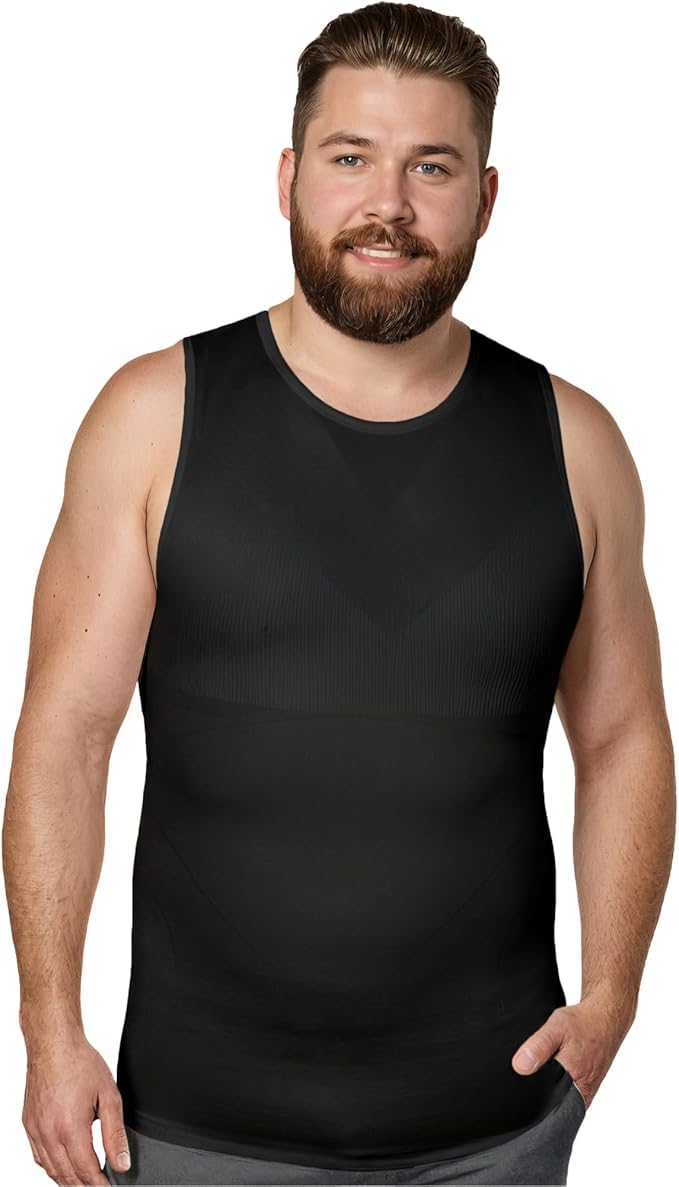 QORE LOGIQ Gynecomastia Compression Shirt Men - Premium Slimming Undershirt Compression Tank Top Mens Shapewear & Body Shaper, Large Regular, Black - Image 2