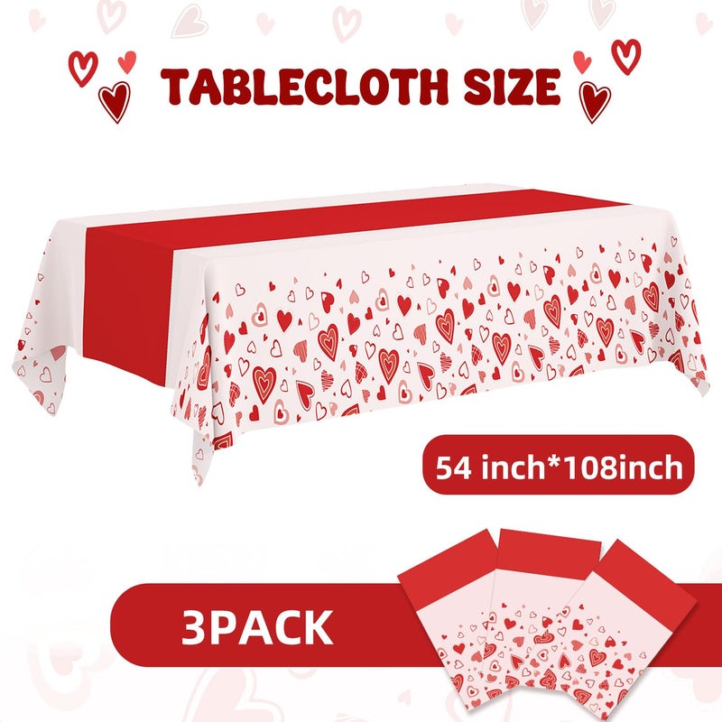 Actilize Valentine's Day Tablecloth 3-Pack, 54x108 Inch Disposable Plastic Table Covers, Red Heart Themed Decor for Romantic Party, Wedding, Anniversary, and Valentine's Day Table Decorations - Image 2