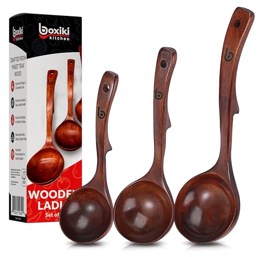 Boxiki Kitchen Soup Ladle Luxury Teak Wood Ladle Set of 3 ChefGrade EcoFriendly Wooden Cooking Utensils with Reinforced Neck Joint AntiSlip Notch Handle MultiSize GiftReady Ladle Spoons Set - Image 1