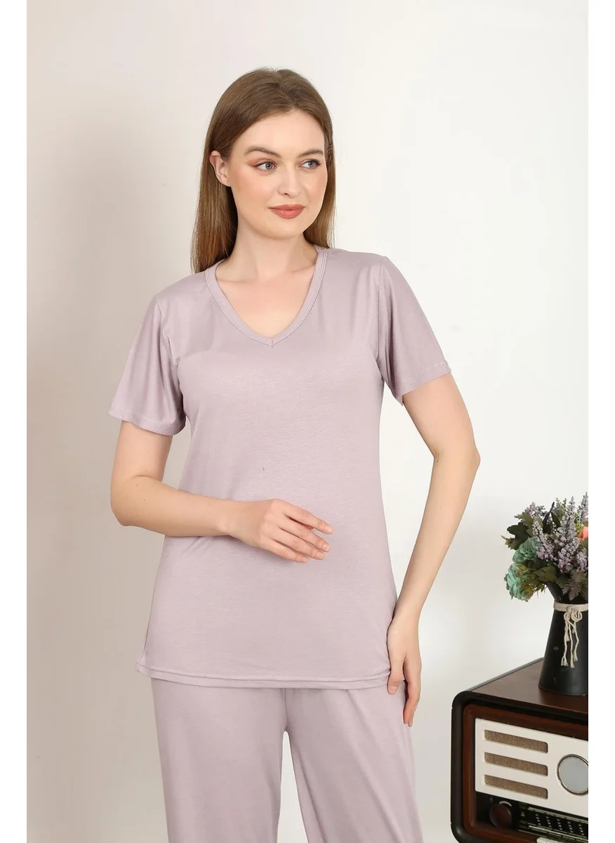 Akbeniz Women's Short Sleeve Cotton Combed Pajama Set Powder 4213