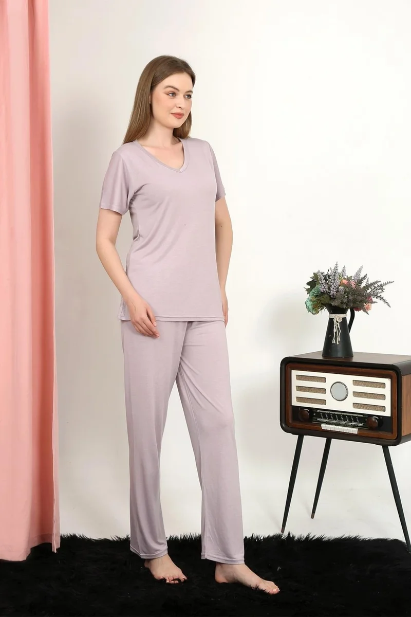 اكبينيز Women's Short Sleeve Cotton Combed Pajama Set Powder 4213