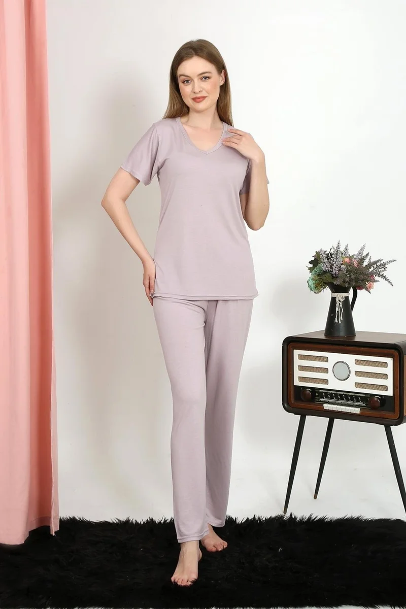 اكبينيز Women's Short Sleeve Cotton Combed Pajama Set Powder 4213