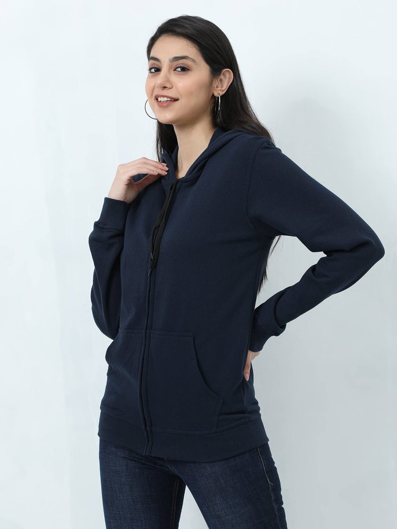 Wafaa Women's Cotton Plain Hooded Neck Full Zipper Navy Blue Color Regular Fit Sweatshirt Hoodies with Kangaroo Pocket 3XL Size - Image 3