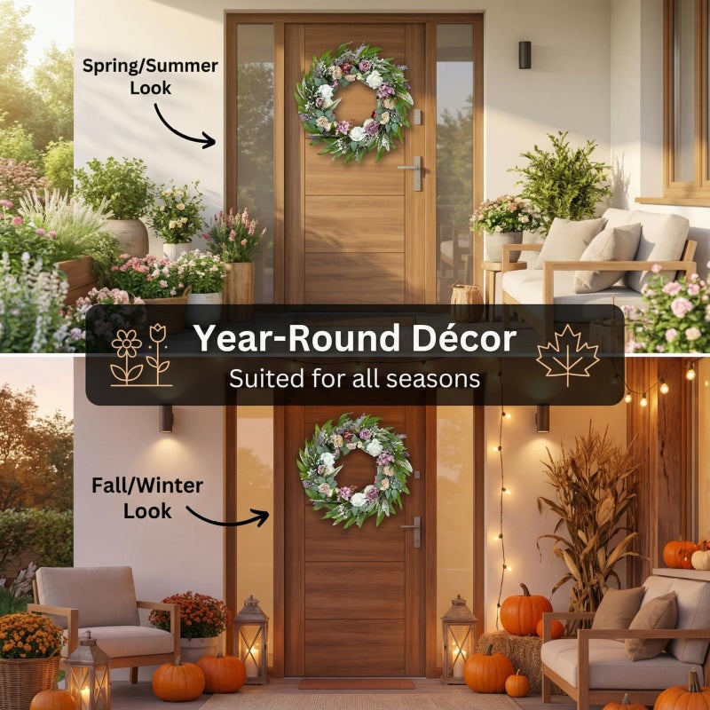 Jorivel 26 Inch Eucalyptus Wreaths for Front Door with Colorful Roses, Hydrangeas, Lavender, Berries, Salal Leaves, Ferns, Dusty Miller - Artificial Green Door Wreath, Porch Decor - Spring, Summer - Image 5