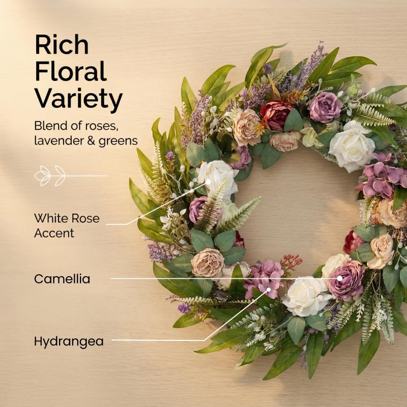 Jorivel 26 Inch Eucalyptus Wreaths for Front Door with Colorful Roses, Hydrangeas, Lavender, Berries, Salal Leaves, Ferns, Dusty Miller - Artificial Green Door Wreath, Porch Decor - Spring, Summer - Image 2