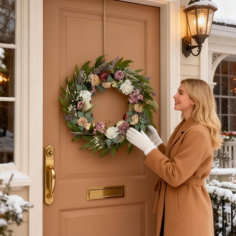 Jorivel 26 Inch Eucalyptus Wreaths for Front Door with Colorful Roses, Hydrangeas, Lavender, Berries, Salal Leaves, Ferns, Dusty Miller - Artificial Green Door Wreath, Porch Decor - Spring, Summer - Image 4
