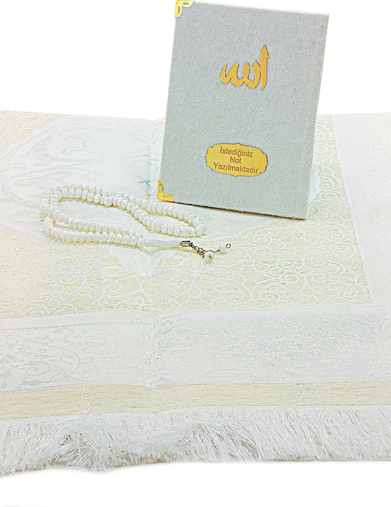 ايهفان اونلاين White Mevlüt Gift Velvet Covered Book of Yasin Prayer Beads Dowry Prayer Rug Set
