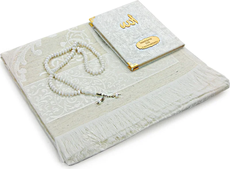 ايهفان اونلاين White Mevlüt Gift Velvet Covered Book of Yasin Prayer Beads Dowry Prayer Rug Set