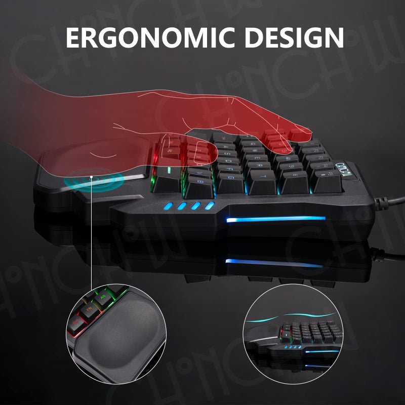 CHONCHOW One Handed Gaming Keyboard, 35 Keys, Rainbow LED, Wired USB, Ergonomic with Wrist Rest, Mini Portable, PS4/PS5/Xbox/PC/Laptop Compatible - Image 4