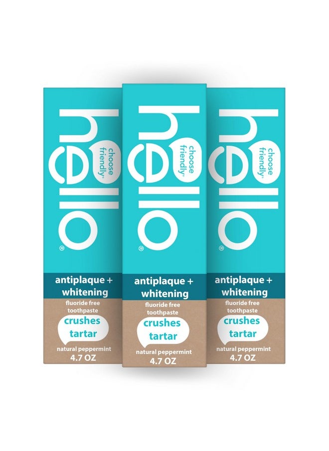 Hello Hello Antiplaque Toothpaste, Fluoride Free for Teeth Whitening with Natural Peppermint Flavor and Tea Tree Oil, Peroxide Free, Gluten Free, SLS Free, 3 Pack, 4.7 OZ Tubes  - Image 1