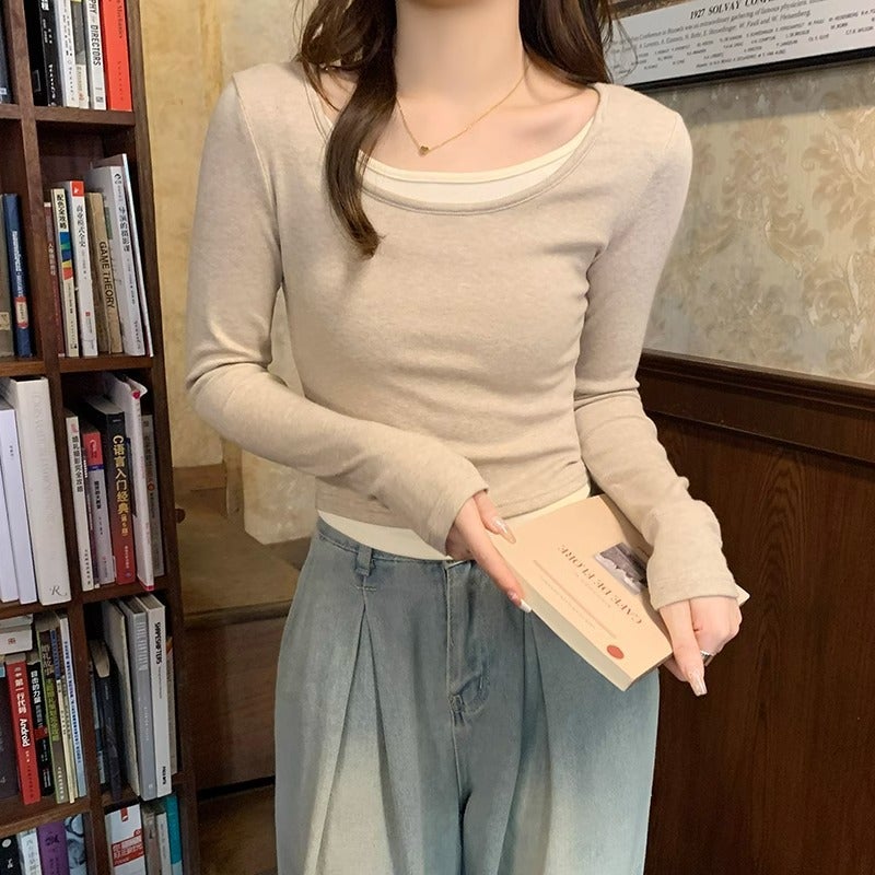 Design Sense Fake Two-Piece Color Matching Long-Sleeved T-Shirt Women'S Early Spring Slim-Fit Pure Desire Top With Base Shirt - Image 4