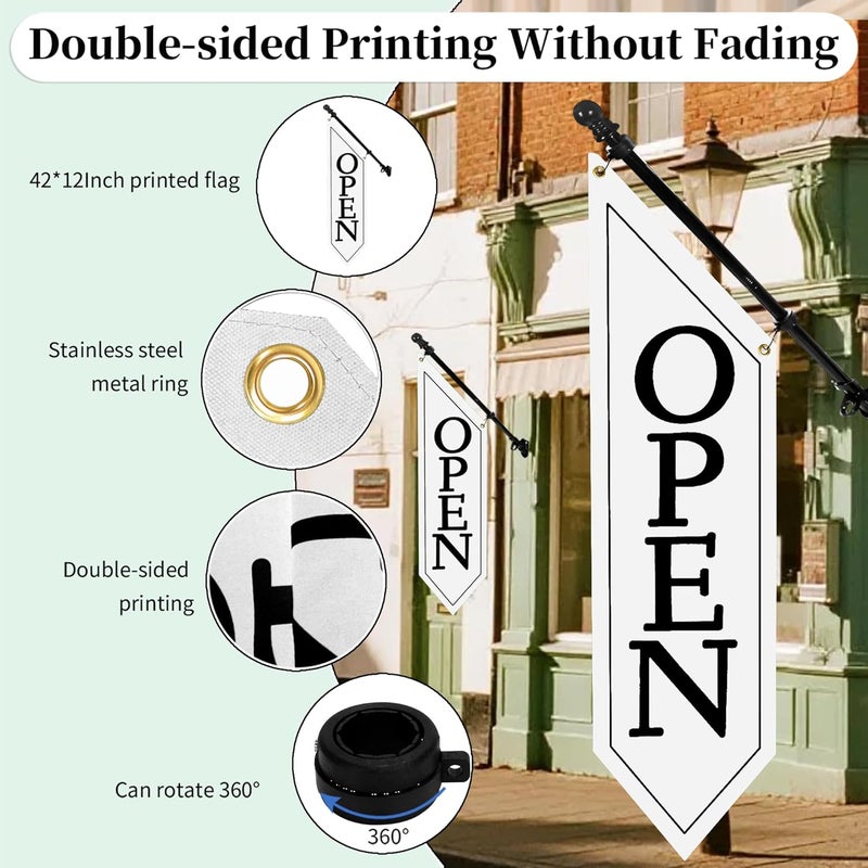 yeload 2 Pack OPEN Flag with Pole Kit - Heavy Duty Canvas Open Banner for Business Storefront, 42x12 Inch Outdoor Double-Sided Sign with Bracket - Advertising Signage for Retail & Shops (White) - Image 3