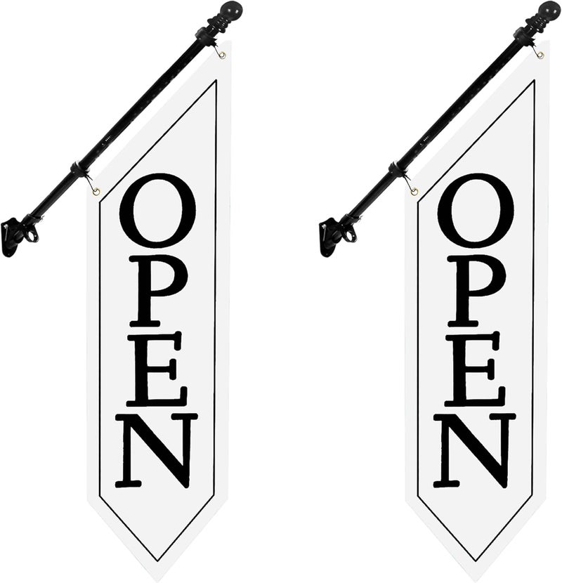 yeload 2 Pack OPEN Flag with Pole Kit - Heavy Duty Canvas Open Banner for Business Storefront, 42x12 Inch Outdoor Double-Sided Sign with Bracket - Advertising Signage for Retail & Shops (White) - Image 1
