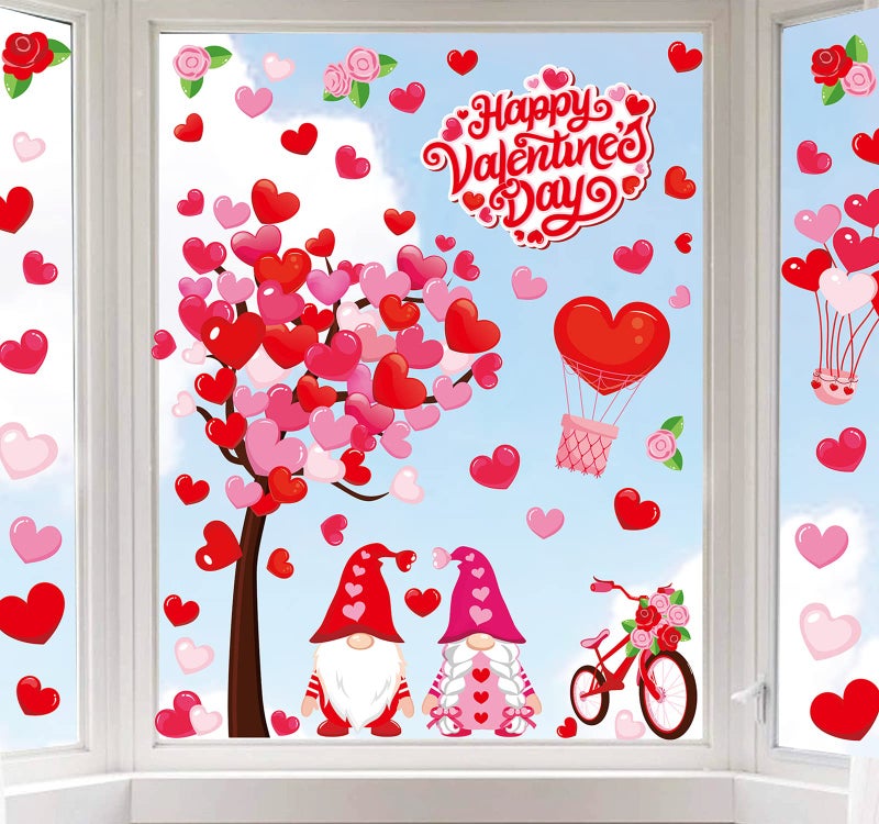Whaline 6 Sheet Valentine's Day Window Clings Large Gnome Heart Window Decals Double-Sided Red Pink Window Decor for Valentine's Day Wedding Anniversary Home Office School Decor Party Supplies - Image 1