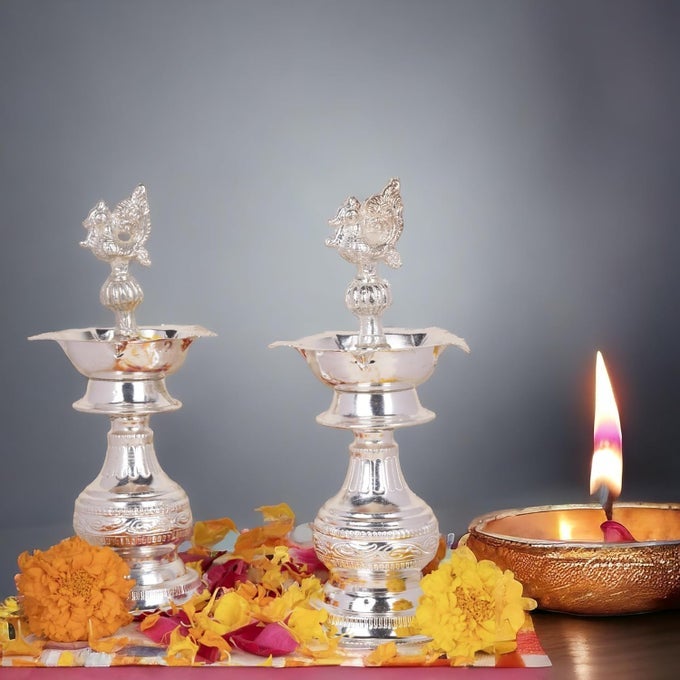 8 INCH PEACOCK HANDLE PURE GERMAN SILVER DIYA LAMP DEEPAM FOR HOME PUJA DECOR K4240
