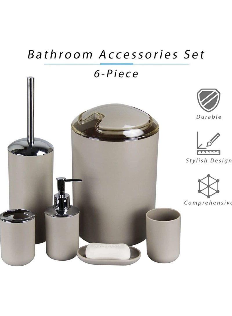 Bathroom Accessories Set, 6-Piece Plastic Gift Set, Toothbrush Holder, Toothbrush Cup, soap Dispenser, soap Dish, Toilet Brush Holder, Trash can(Taupe)  - Image 2