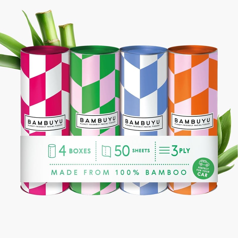 Bambuyu 100% Bamboo Car Facial Tissue Tubes - 4 Tubes x 50 Sheets, 3-Ply | Premium Eco-Friendly Tissue | Soft, Sustainable, Elegant | Plastic-Free, Non-Toxic - Image 1