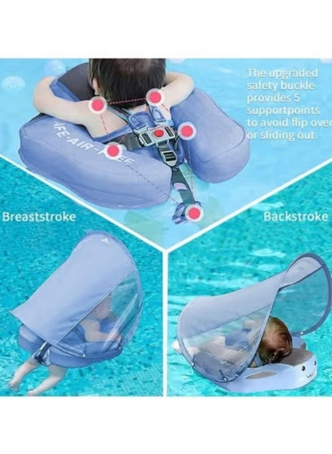 GGEROU - Baby swimming float, Baby Pool Float 3 Months-4 Years,Baby Float with Canopy,Tail and Harness,Non-Inflatable Infant Pool Float with Sunshade,Waterproof and Quick Drying(Blue) - Image 1