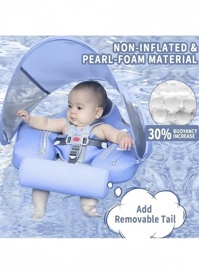 GGEROU - Baby swimming float, Baby Pool Float 3 Months-4 Years,Baby Float with Canopy,Tail and Harness,Non-Inflatable Infant Pool Float with Sunshade,Waterproof and Quick Drying(Blue) - Image 1